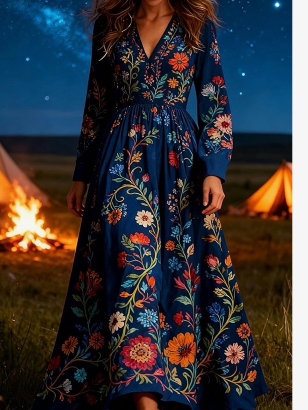 Navy Floral V-Neck Maxi Dress - Boho Floral Print